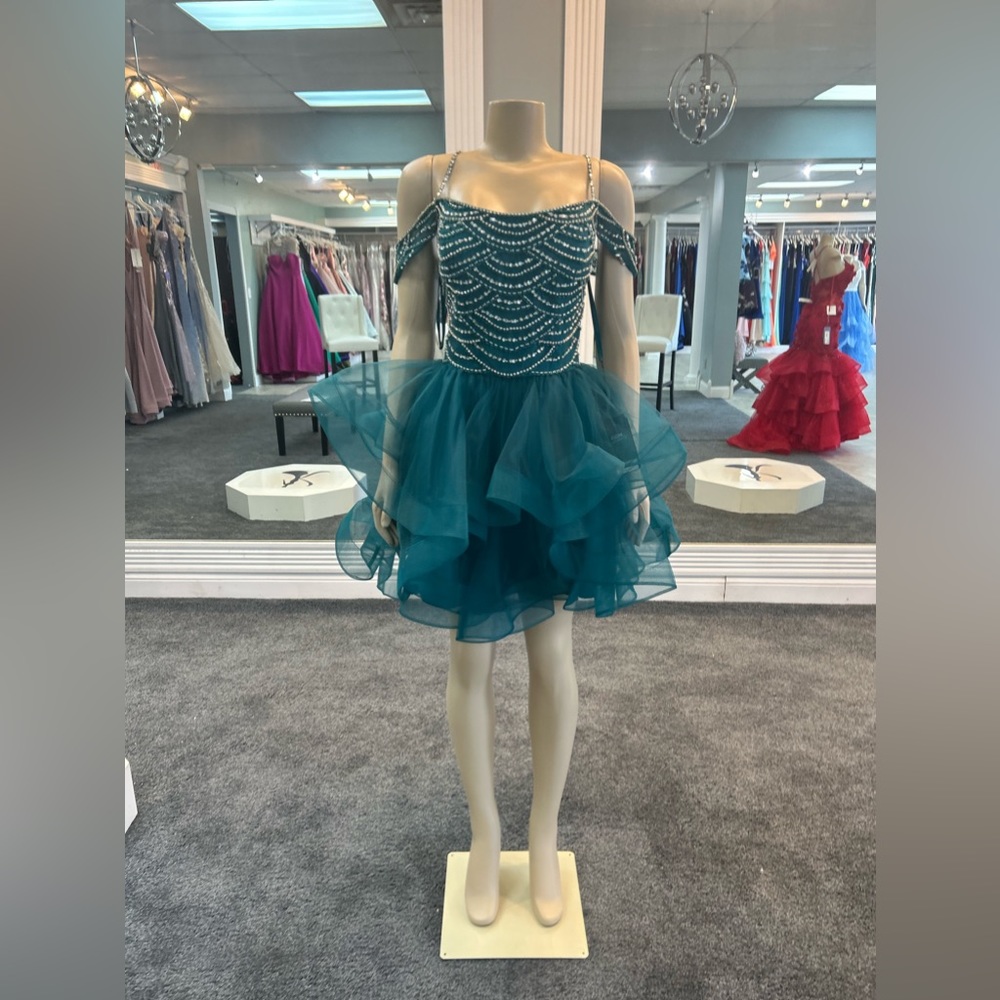 size 14 color green off the shoulder sash tulle bottom open back